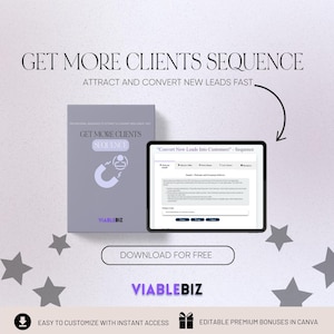 May include: A purple and white graphic with the text "Get More Clients Sequence" and "Attract and Convert New Leads Fast". The graphic also includes a white magnet icon and the text "ViableBiz". The graphic is surrounded by white stars and a white arrow pointing to the right.