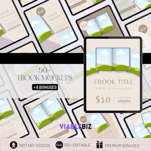 May include: A collection of 50+ ebook mockups featuring a tablet displaying a book cover with a landscape scene. The text "EBOOK TITLE NOW AVAILABLE $10 GET IT ON amazon" is displayed on the tablet. The mockups are ideal for showcasing ebook covers and promoting books.