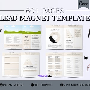 May include: A digital template for creating lead magnets. The template includes a variety of charts and graphs, including a Venn diagram, funnel chart, and chart and graph. The template is designed to be used with Canva and is editable. The template is available for instant download and includes two premium bonuses.