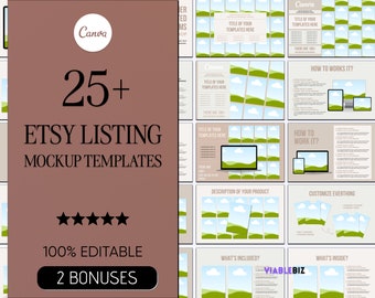 25 Etsy Listing Mockup, Etsy Mockup-Listenvorlagen, digitale Produktvorlagen, Etsy-Leitfaden, Etsy Canva Vorlagen für digitale Produkte