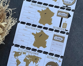Carte à gratter surprise voyage ticket d'embarquement billet avion personnalisable mappemonde jeu destination