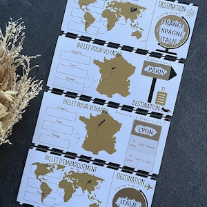 Carte à gratter surprise voyage ticket d'embarquement billet avion personnalisable mappemonde jeu destination