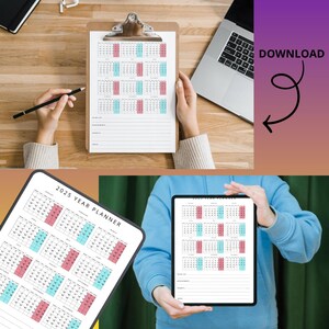 2025 YEAR PLANNER, calendar, notes, priority, to-do list, appointments, a1, a2, a3, a4, a5.
