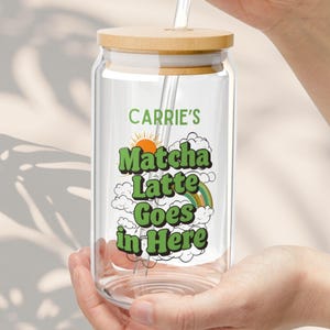 Personalized Matcha Latte Glass Tumbler: Bamboo Lid & Straw