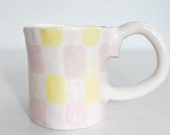 Pink and Yellow Checkered Handmade Stoneware Ceramic Mug - handmade and handpainted coffee mug