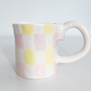 Pink and Yellow Checkered Handmade Stoneware Ceramic Mug - handmade and handpainted coffee mug