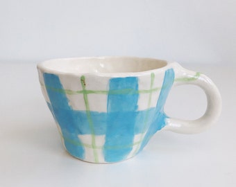 Blue & Green Gingham Plaid Handmade Stoneware Ceramic Mug - handbuilt and handpainted ceramic coffee mug