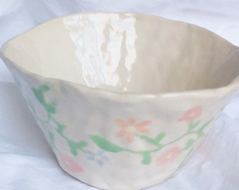 Handmade Ceramic Wildflower Vine Bowl - floral design - handbuilt and handpainted ceramic bowl