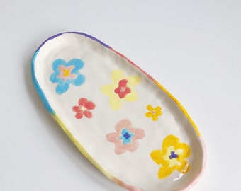 Ripple Flower Handmade Stoneware Ceramic Tray / Trinket Dish - handbuilt and handpainted ceramic jewelry miscellaneous tray