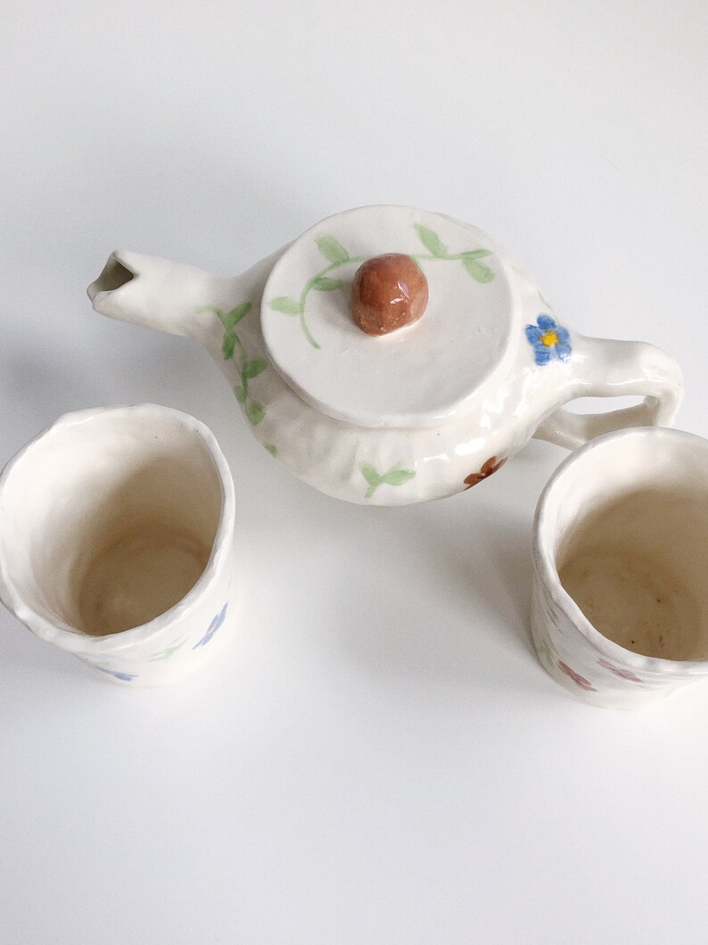 Handmade Stoneware Ceramic Floral Blue & Brown Wildflower Tea Set handbuilt and handpainted ceramic set image 2