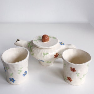 Handmade Stoneware Ceramic Floral Blue & Brown Wildflower Tea Set - handbuilt and handpainted ceramic set