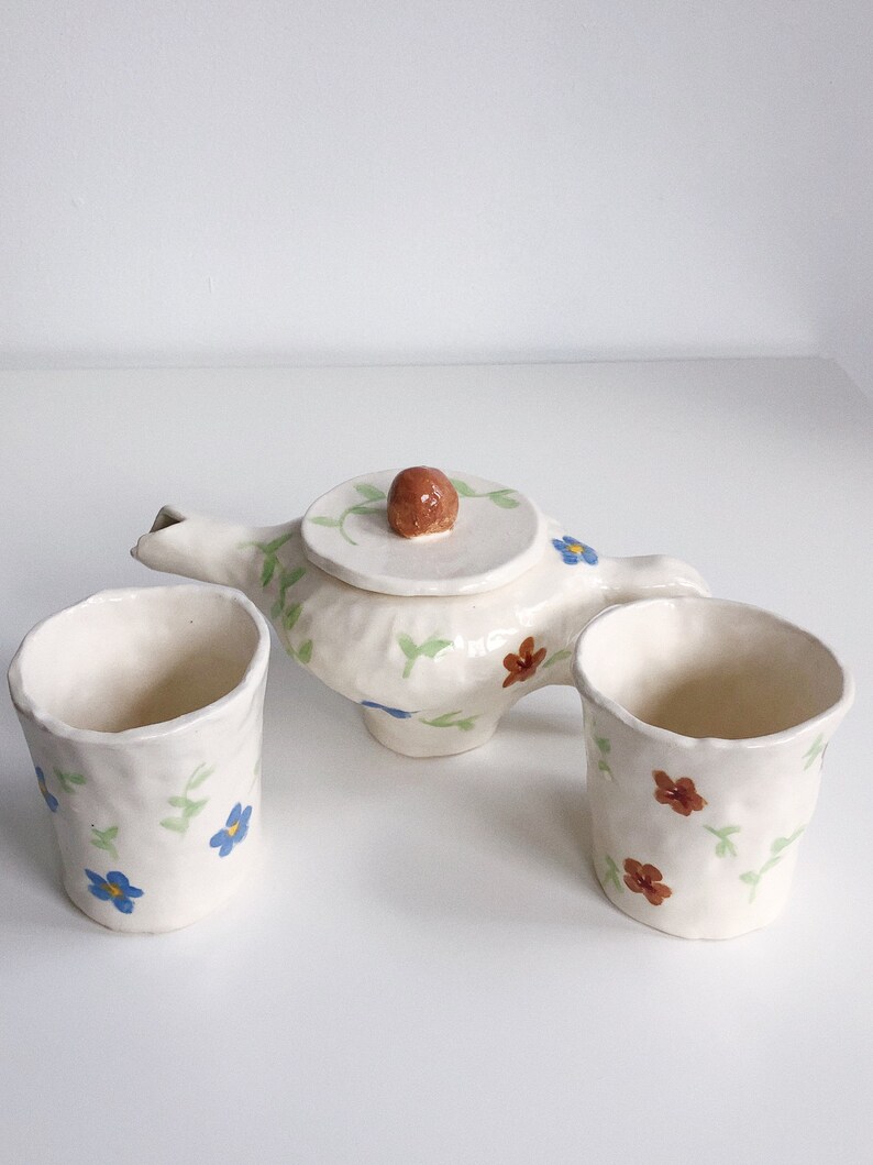 Handmade Stoneware Ceramic Floral Blue & Brown Wildflower Tea Set handbuilt and handpainted ceramic set image 1