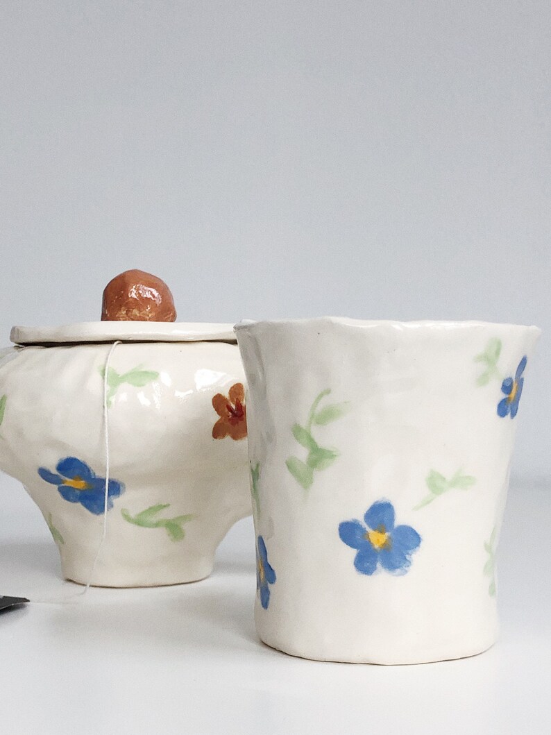 Handmade Stoneware Ceramic Floral Blue & Brown Wildflower Tea Set handbuilt and handpainted ceramic set image 3