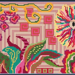 May include: A cross-stitch embroidery pattern featuring a vibrant, abstract design with a light pink striped background. The composition includes stylized floral shapes, swirling yellow vines, geometric pink squares, and a large, multi-colored circular motif.