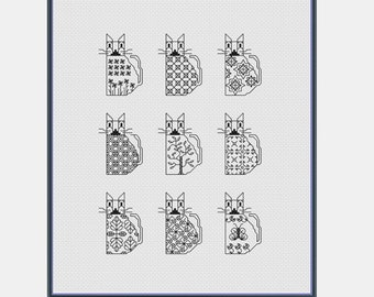 Doodling Little Cats Modern Blackwork Pattern (PDF)