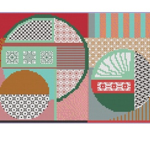 May include: Abstract geometric pattern with overlapping circles in shades of green, red, brown, black, and white. The circles are filled with various geometric patterns.