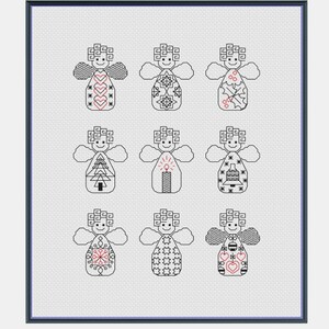 May include: A framed cross-stitch artwork featuring nine stylized angel figures. Each angel has a unique design, with wings and body patterns in black and red. The angels are arranged in a grid pattern against a white background.