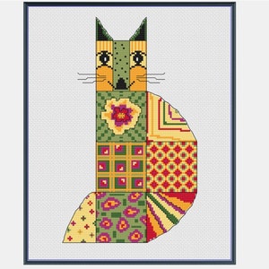 May include: A cross-stitch pattern of a cat made up of colourful patchwork squares. The cat is sitting with its tail curled around its body. The cat's eyes are black, and its nose is brown. The cat's fur is a mix of green, yellow, red, and orange.