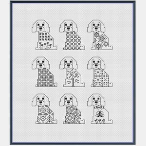 Può includere: Uno schema a punto croce incorniciato che presenta nove figure di cani stilizzate disposte in una griglia tre per tre. Ogni cane è delineato con filo nero su tessuto bianco, con motivi geometrici e floreali unici che riempiono i corpi.