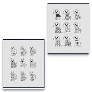 Può includere: Due pannelli in tessuto bianco con ricami a punto croce nero. Un pannello mostra nove gatti stilizzati e l'altro pannello mostra nove cani stilizzati. Ogni figura animale è riempita con un motivo geometrico o botanico unico.