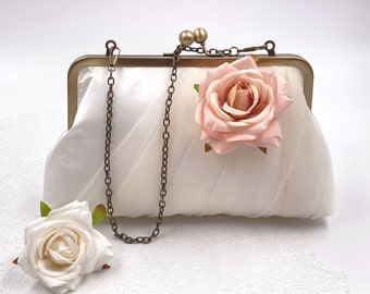 Silk and tulle bridal purse with roses, bridal purse, wedding purse, silk purse, frame purse, ivory clutch, ivory bridal purse, rose purse