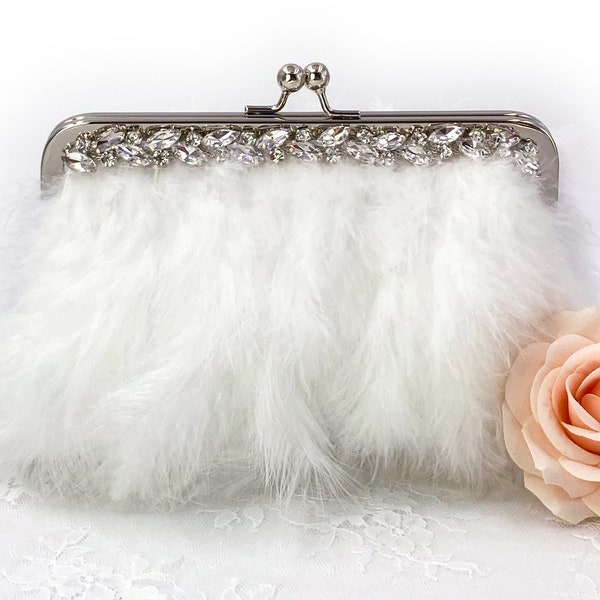 Marabufedern Tasche, Federn Clutch, Brauttasche, Hochzeitstasche, Hochzeitsclutch, Elfenbein Tasche, Strass, Tasche mit Marabufedern