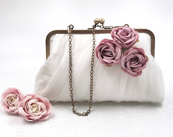 Silk and tulle bridal purse with roses, bridal purse, wedding purse, silk purse, frame purse, ivory clutch, ivory bridal purse, rose purse