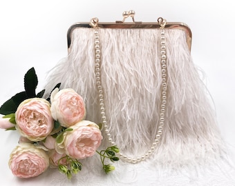 Ostrich feather bridal purse, bridal purse, wedding purse, feather purse, frame purse, ivory clutch, ivory bridal purse, ivory wedding purse