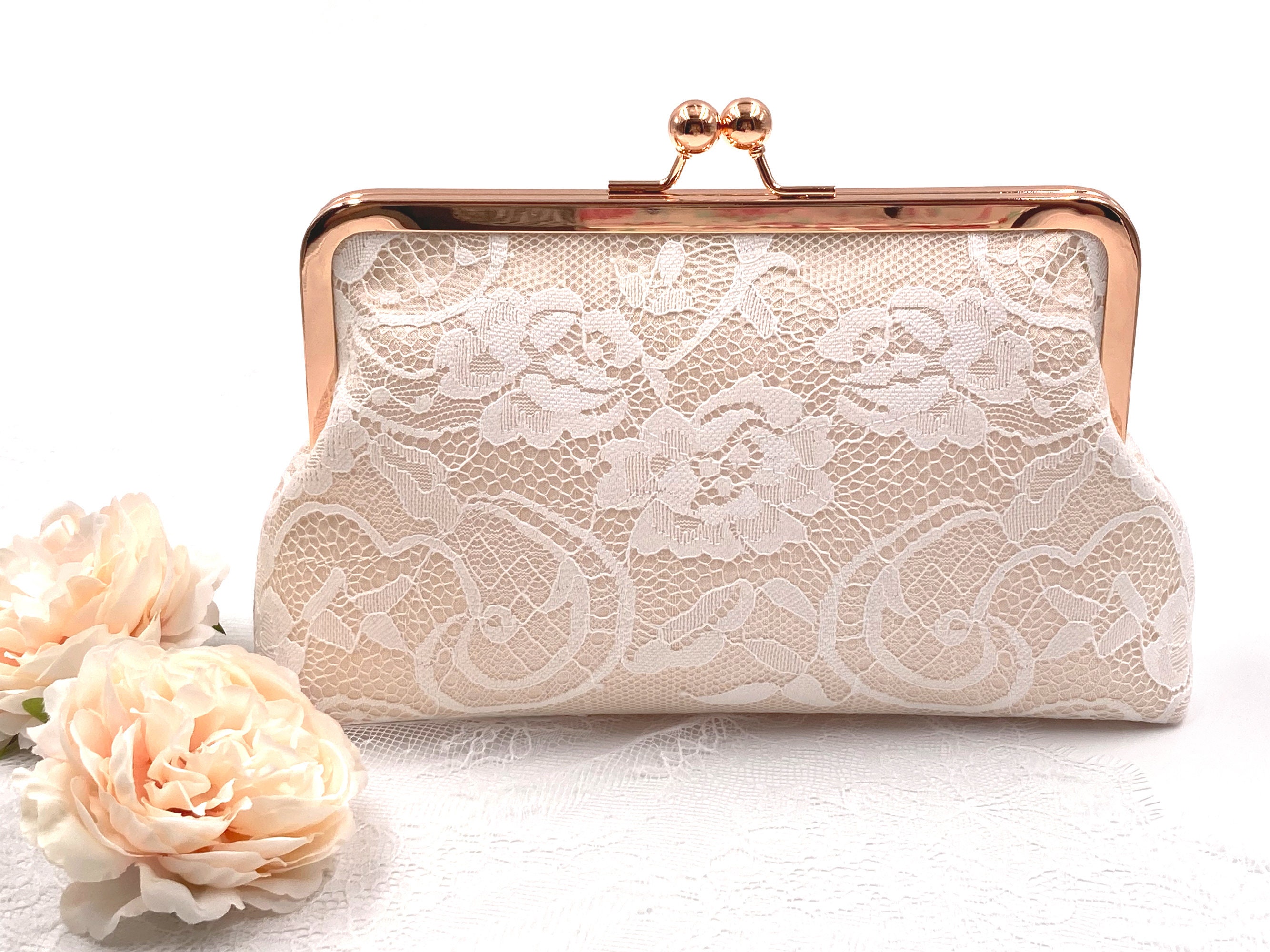 Rose Gold Bridal Clutch Wedding Purse in Cappuccino Lace for 
