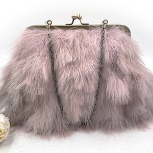 Feather bridal purse, bridal purse, wedding purse, feather purse, frame purse, mauve clutch, mauve bridal purse, mauve, brass frame purse