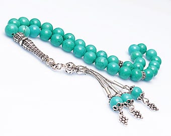 Echte Türkis Islamische Gebetskette, Personalisierte 33 Perlen Tasbih Für Männer Frauen, 925 Sterling Silber, 8 mm Edelstein Misbaha, Muslimischen Eid Geschenk
