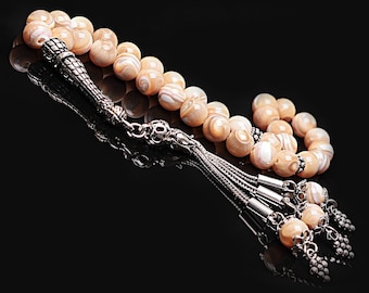 Tasbih de nácar auténtico, rosario islámico personalizado para hombre o mujer, borla de plata de ley, misbaha de piedras preciosas de 8 mm, regalo musulmán