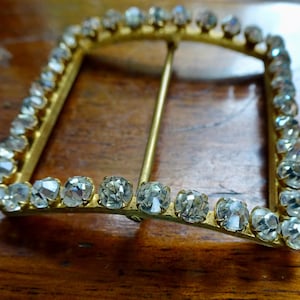 antique Edwardian 1.9&quot; clear sparkly rhinestone square gold tone dress belt buckle slider -282