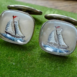 vintage retro reverse carved glass yacht boat gold tone cufflinks -75
