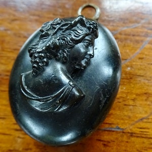 antique Victorian black vulcanite carved cameo lady grape vine fruit  c. 1880 locket pendant Bacchanalia -N321