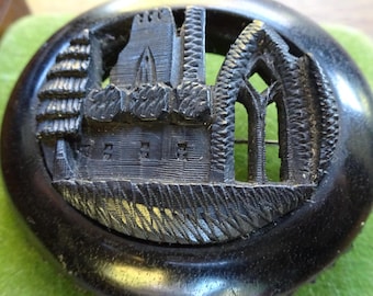 antique Victorian 2.4" carved Irish bog oak black church tree landscape statement mourning brooch -629