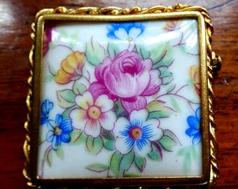 Broche Vintage Limoges Fleurs Bleues Signée SISCA - Porcelaine Et Laiton, Fermoir à Réparer