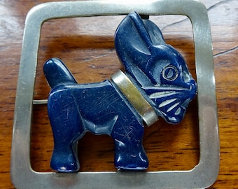 antique art deco cute blue lucite dog silver & gold tone brooch c pin -D328