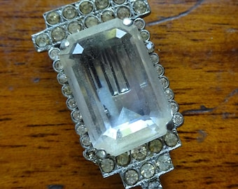 Broche de clip para vestido antiguo francés art déco con diseño geométrico de diamantes de imitación transparentes, tono plateado, década de 1930 -360