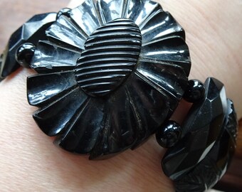 antique Victorian carved Whitby Jet flower bead cuff bangle bracelet mourning jewellery -W57