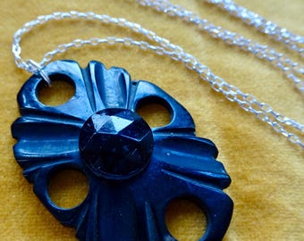antique Victorian Whitby Jet carved flower pendant sterling silver chain necklace -693