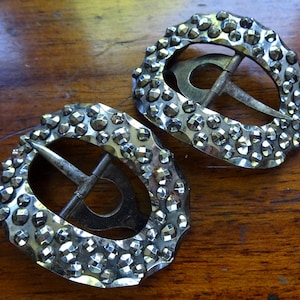 matching PAIR antique Victorian cut steel pronged shoe or belt buckle set -89