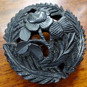antique Victorian carved BOG OAK rose shamrock thistle flower England Ireland Scotland 1800s brooch hinged c pin -82