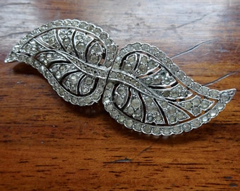 antica spilla art deco duette con foglia di strass trasparente tono argento con doppio abito a clip, anni '30 -S73