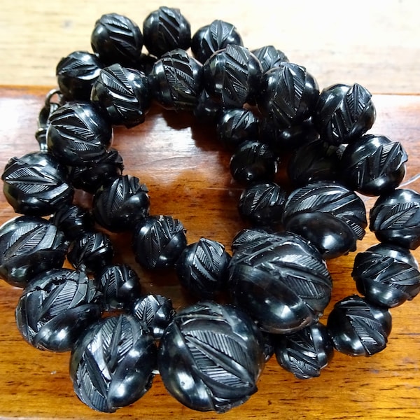 antique Victorian c. 1880 fancy carved Whitby Jet rose flower bead necklace original clip clasp -S58