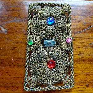 antique art deco multi colour rhinestone Czech filigree  dress belt buckle clasp gold tone -284