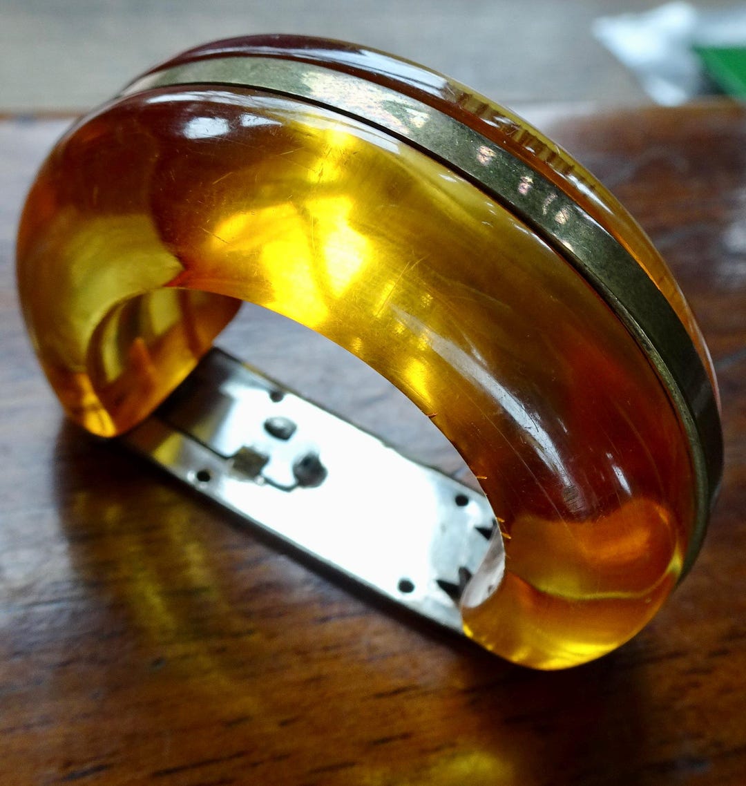 Prystal Antique Art Deco 3D Prystal Amber BAKELITE Carved Geometric Half Hoop ...