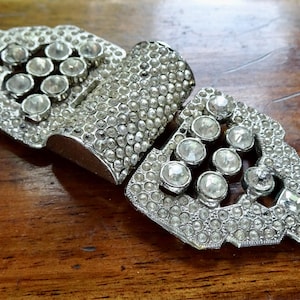 antique art deco BIG 3.75&quot; clear rhinestone geometric double dress belt buckle silver tone -276