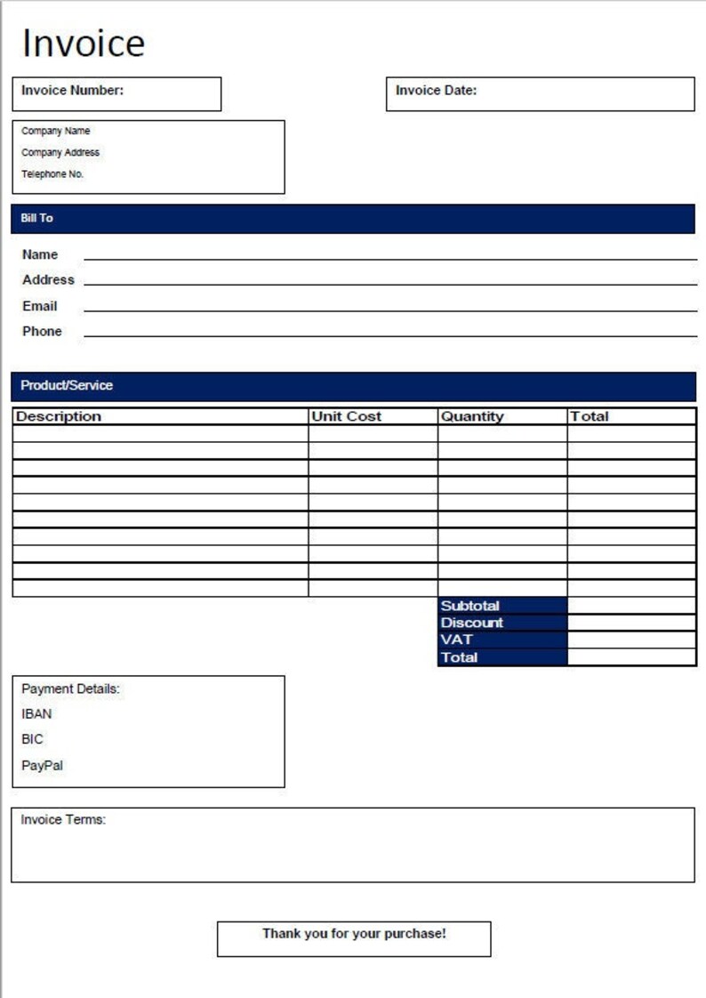 printable pdf invoice template etsy