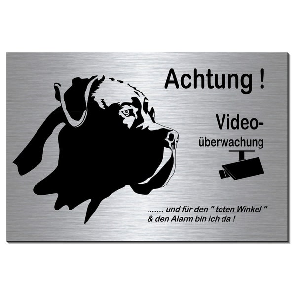 Hund Cane Corso- Video-Überwachung-Aluminium Dibond-Schild-Edelstahloptik-297 x 210 x 3 mm-Warnschild-Schilder-Hundeschild-HT*133-45